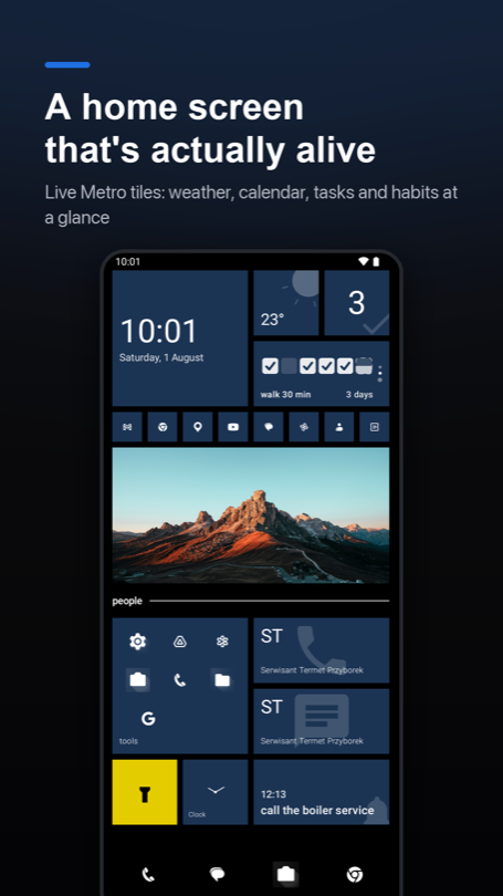 Home screen of live tiles: clock, weather, to-do count and a habit strip above a row of app icons, a photo tile, a folder, two quick-contact tiles and a reminder
