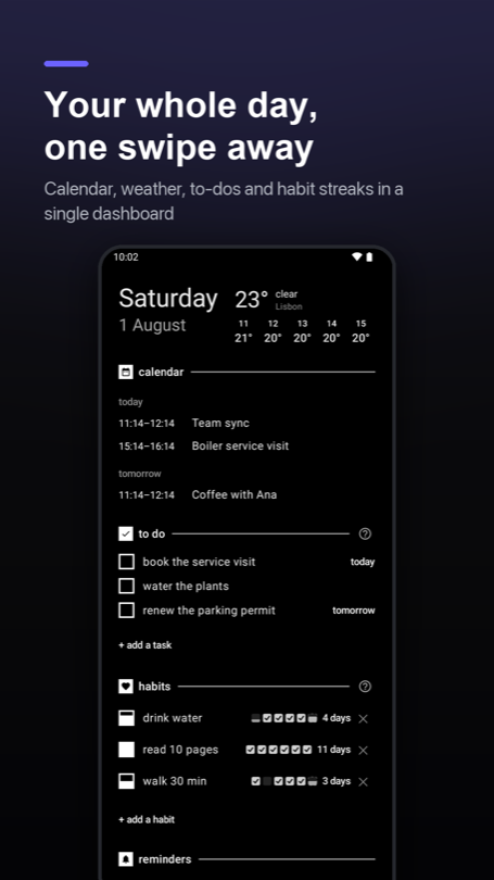 Dashboard with today's weather, the next calendar events, to-dos, habit streaks and reminders on one page
