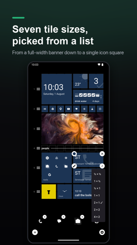 Edit mode with the tile size list open, offering seven sizes from half a cell up to a full-width banner