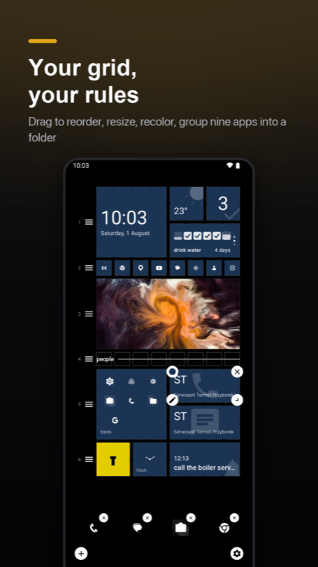Edit mode: numbered rows with drag handles, and badges on the selected tile for colour, icon, size and unpin