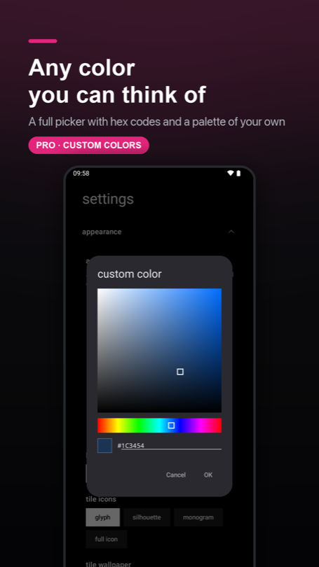 The custom colour dialog: a saturation square, a hue bar and a hex code field showing #1C3454