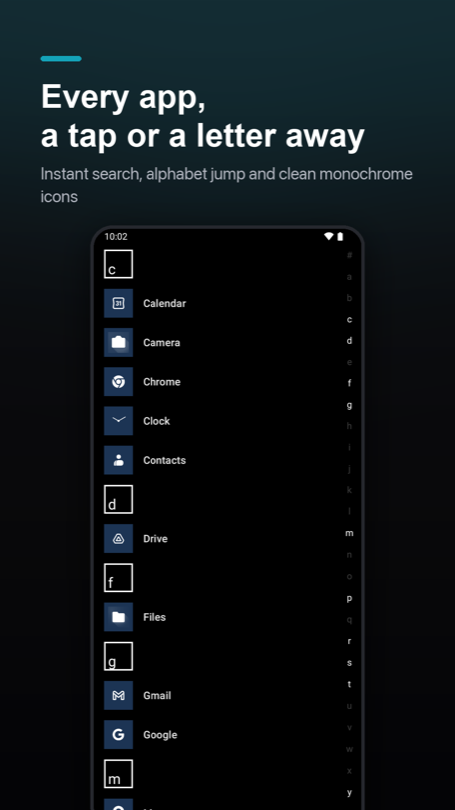 App list with monochrome icons, letter headers and the alphabet rail down the right edge