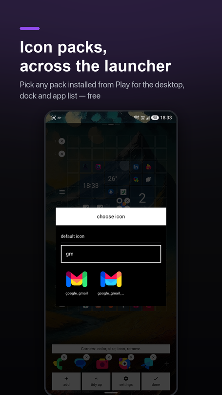 The icon pack picker: a search field over a dense grid of icon thumbnails from an installed pack