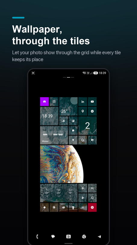 Home screen showing a photo visible through the tile grid while the rest of the launcher stays clean