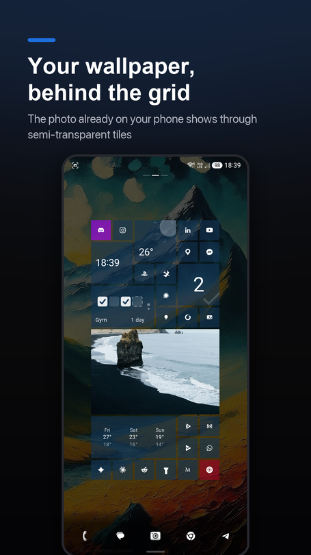 Home screen showing the desktop grid with the phone's own wallpaper visible behind semi-transparent glass tiles