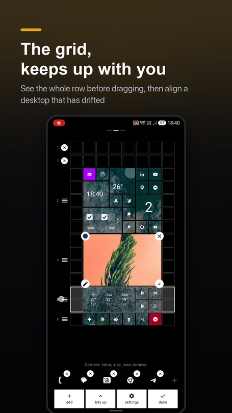 Edit mode with a row handle held, outlining the full band of tiles that will move together, and a new Align chip in the toolbar