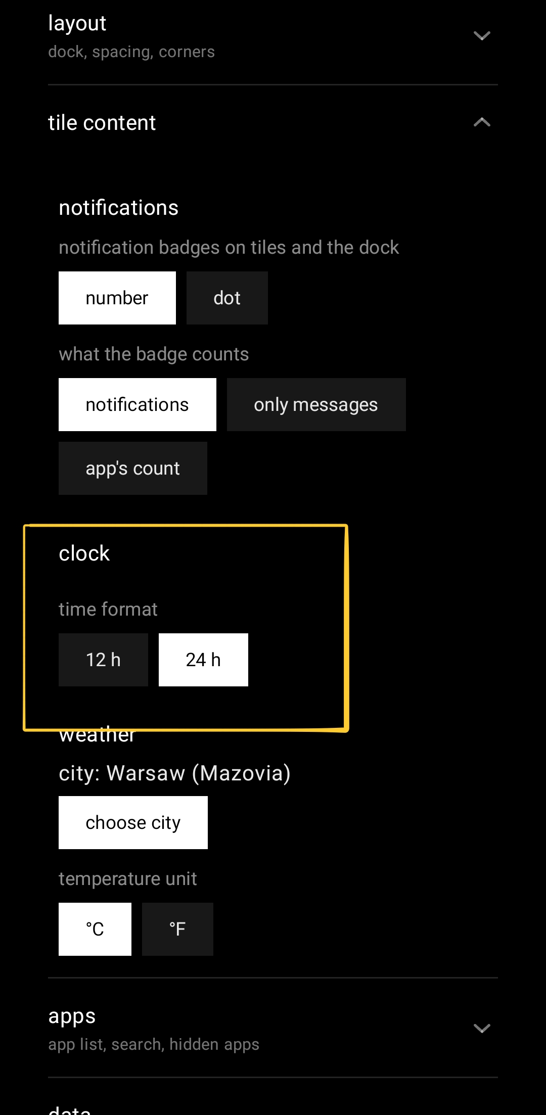 The tile content section of settings with the new clock group outlined in yellow: a time format label above two chips, 12 h and 24 h, with 24 h selected