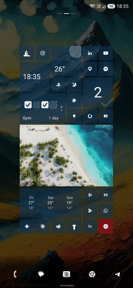 A tile being dragged across the desktop grid, swapping cleanly with a same-size neighbour and settling without disturbing the rest of the layout